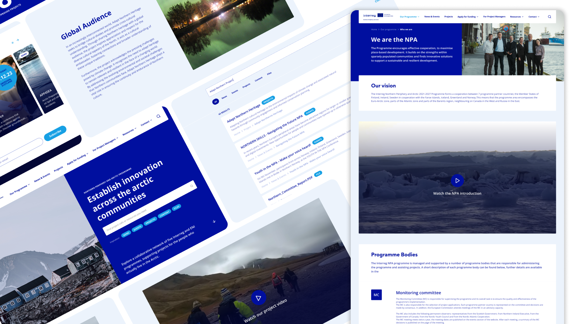 Et udsnit af skærmbilleder fra Interreg-NPA hjemmeside