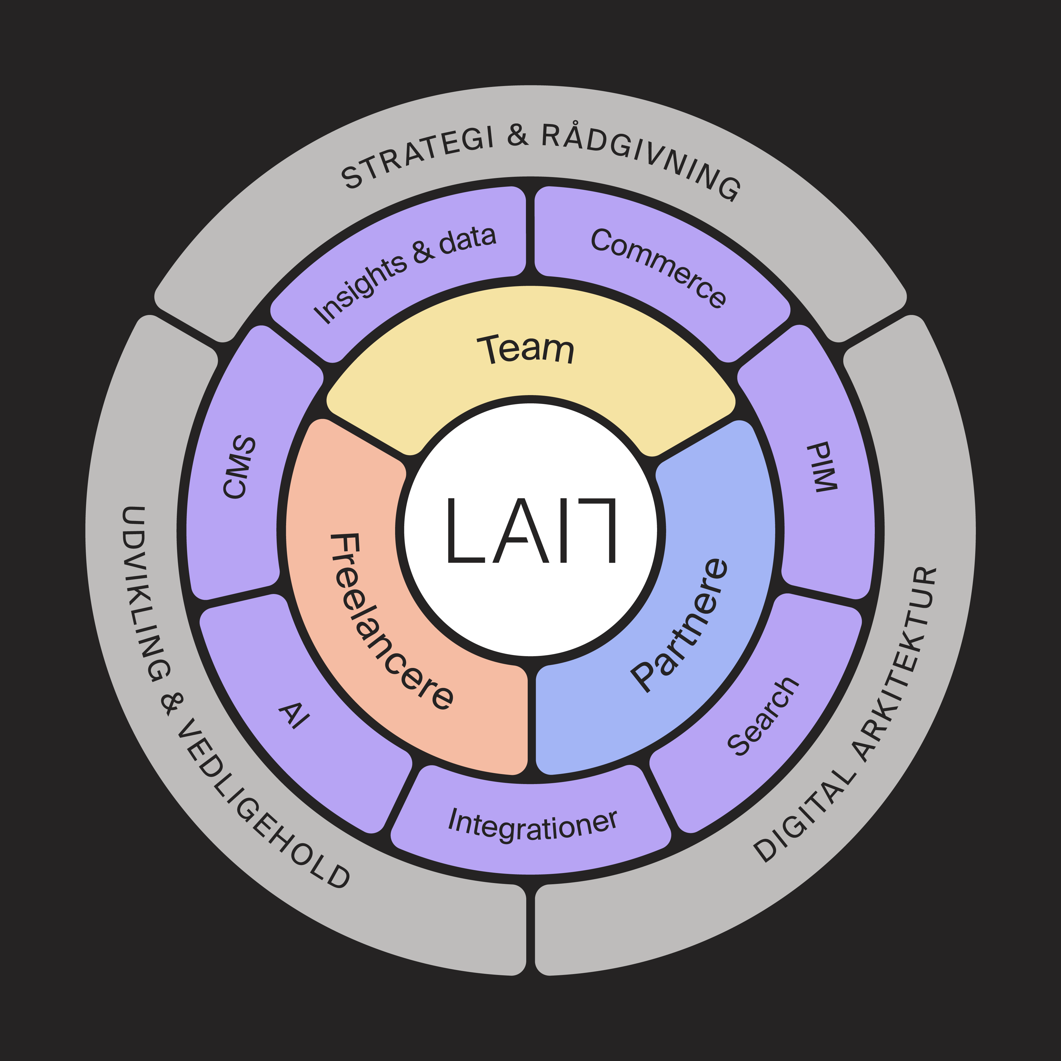 En cirkulær model der viser LAITS kompetencer som en hybrid sammensætning